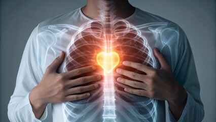 A person with a glowing, digitally enhanced heart visible through an X-ray view of their chest and rib cage. This image powerfully symbolizes heart health, cardiology