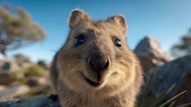 quoka smiling close to camera with cute face and blue sky background