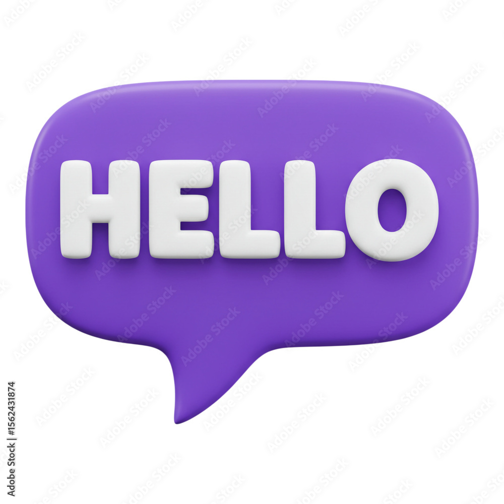 Poster 3d purple speech bubble with white text saying hello isolated on transparent background