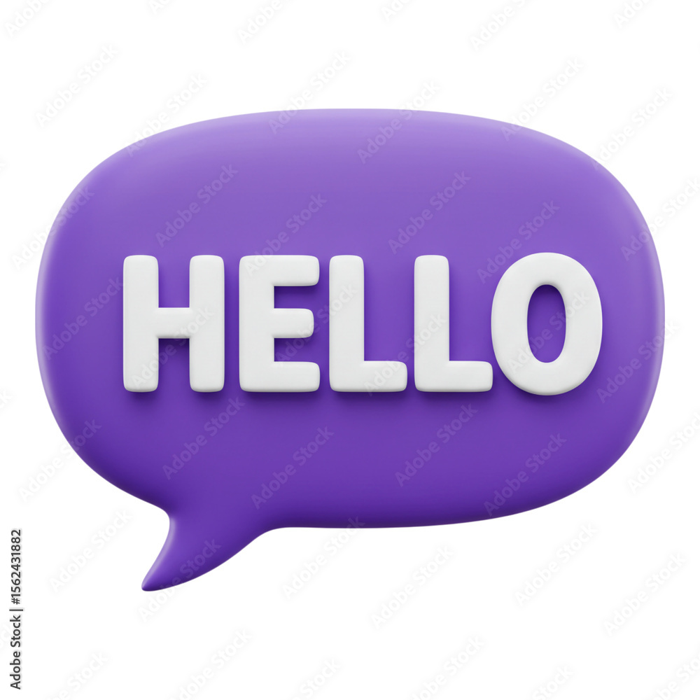 Poster 3d purple speech bubble with white text saying hello isolated on transparent background