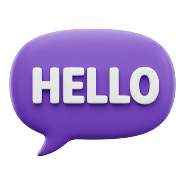 3d purple speech bubble with white text saying hello isolated on transparent background