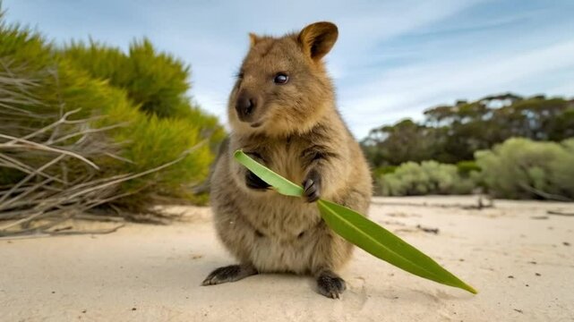 Quoka holding long leaf with both hands sitting in sand by green bush