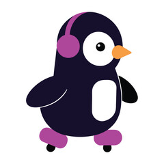 Charming cartoon penguin enjoying a roller skating adventure with a vibrant pink accessory