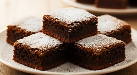 Homemade chocolate brownies dusted with powdered sugar on a plate