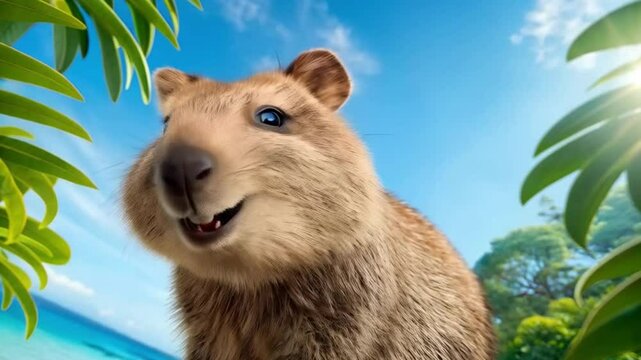 Quoka head tilt closeup with sky, trees, and cheeky playful smile