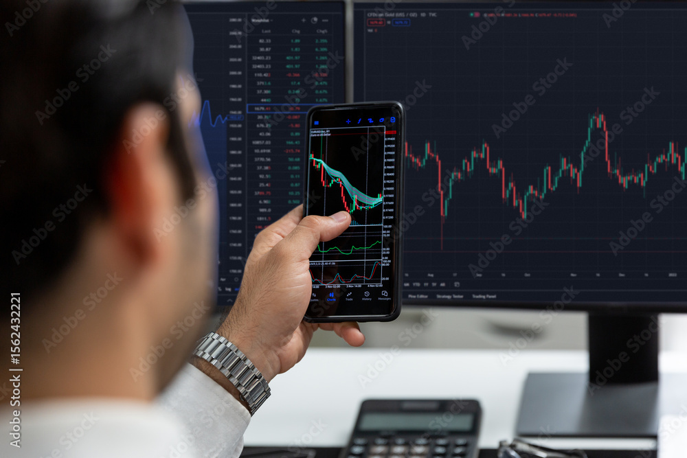 Poster trader businessman searching on smartphone, analyzing in dynamic stock exchange investment screen on