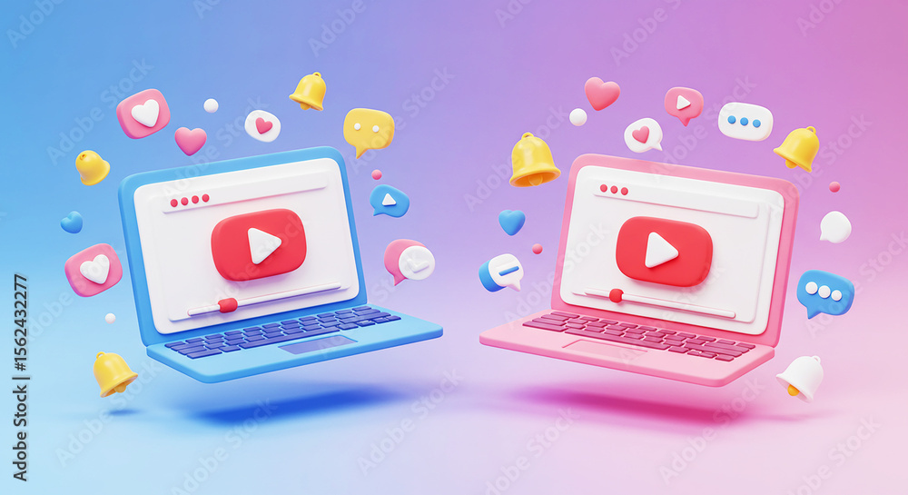 Poster two laptops with play buttons and various social media icons floating around them on a gradient back