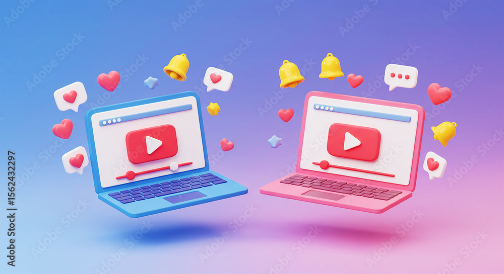 Poster two laptops with play buttons surrounded by hearts bells and speech bubbles on a gradient background