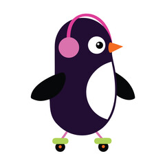 Adorable cartoon penguin character gracefully roller skating with a vibrant pink helmet and accessories
