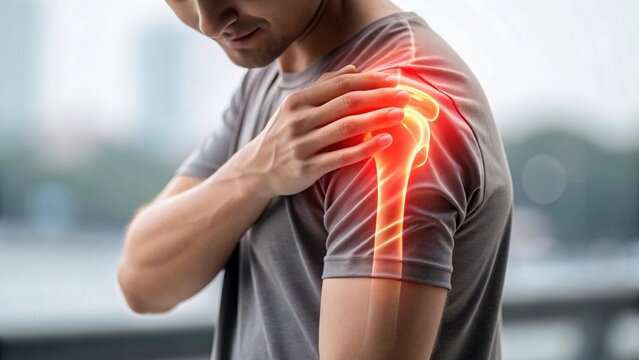 Close-up of a person experiencing acute discomfort in their shoulder, featuring a vivid digital visualization of the internal skeletal structure