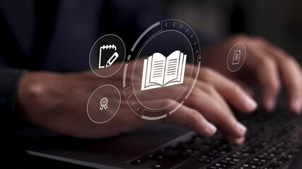 E-learning and online education concept. Online training programs and personalized learning. Person using laptop with E-learning icons on interface screen. - Powered by Adobe