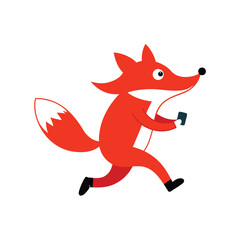 A cheerful red fox with headphones jogs energetically enjoying music outdoors on a bright day