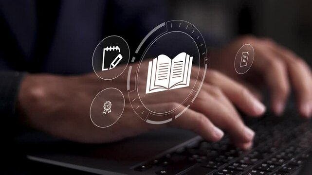 E-learning and online education concept. Online training programs and personalized learning. Person using laptop with E-learning icons on interface screen. - Powered by Adobe