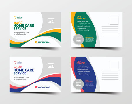 Modern medical postcard template with wavy design, editable layout, and color variations for home care and senior support
