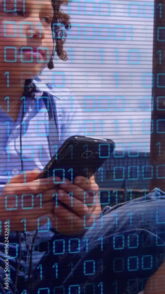 Poster animation of data processing over boy using smartphone