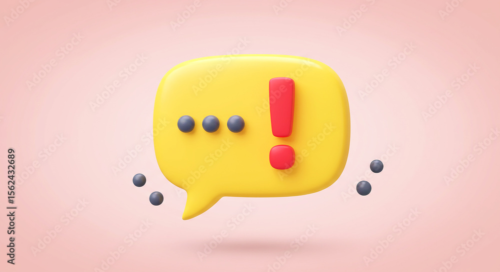 Aufkleber a yellow speech bubble with an exclamation point and three dots on a pink background render