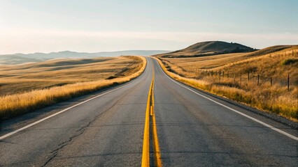 Fototapeta premium Empty rural highway cutting through undulating, dry fields and rolling hills, bathed in the warm light of late afternoon or early morning.