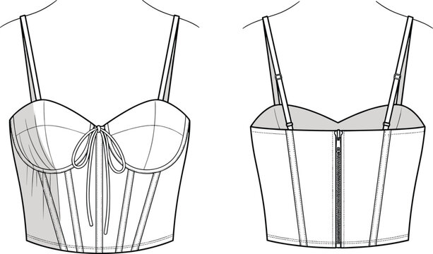 Bustier top technical sketch, front and back view, sweetheart neckline, bow tie detail, adjustable straps, structured seams, back zipper closure, fashion drawing, garment template