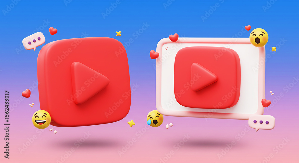 Poster two red play button icons with emojis and hearts floating on a gradient blue and pink background