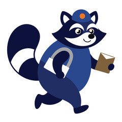 Chubby raccoon character in mail carrier uniform walking happily