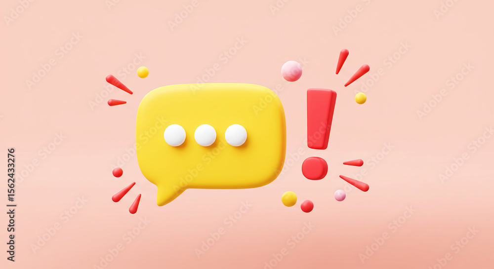 Aufkleber yellow speech bubble with three dots and a red exclamation point on a pink gradient background