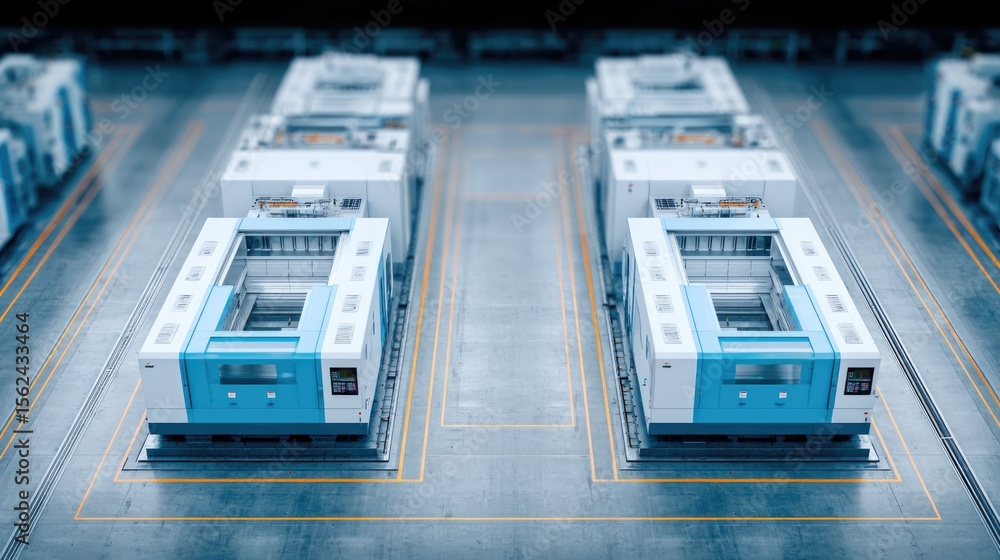 Poster drone shot of factory floor with aligned cnc lathes