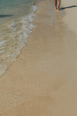 Serene beach walk at sunset with gentle waves lapping against the shore in a tropical paradise
