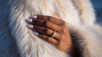 Close-up of a beautiful piece of jewelry on the hand of a beautiful young African-American woman wearing a fur coat.