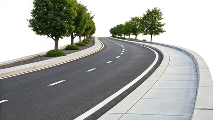Modern highway section gracefully bending, featuring a clean asphalt surface, crisp white road markings, and a green median with trees, isolated.

