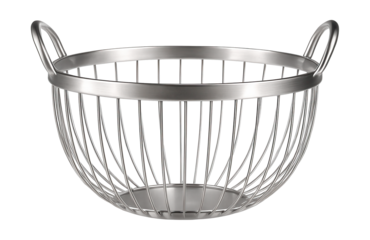 Round metal wire basket with handles, suitable for displaying fruits on a kitchen counter.