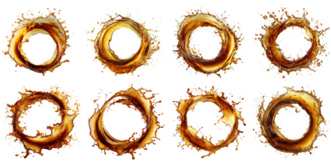 Dynamic rings of splashing liquid, isolated on transparent background, creating an abstract and energetic pattern with coffee and cola