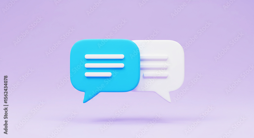 Poster two speech bubbles in blue and white overlapping on a purple background in a rendered style