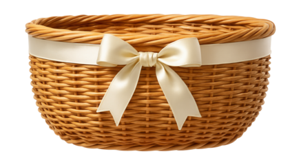 Woven basket with a decorative ribbon trim, perfect for creating a gift hamper for special occasions.