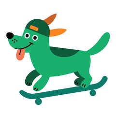 Joyful cartoon dog in a green cap skateboarding with a happy expression and vibrant colors