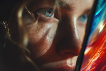 Close-up of a person’s eye with colorful creative lighting