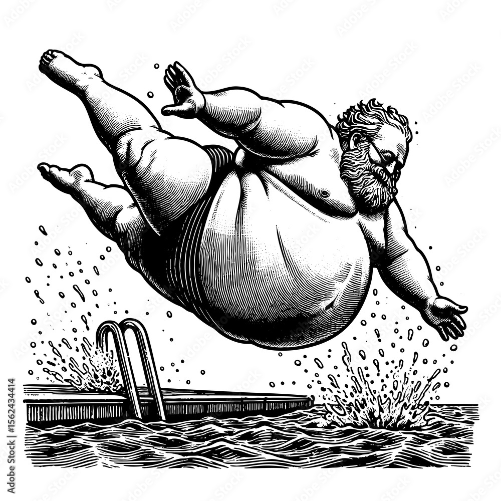 Poster large man mid-dive into a swimming pool sketch engraving generative ai fictional character png illus