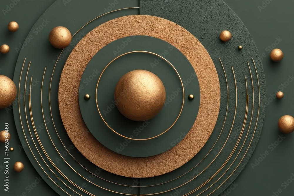 Poster abstract green background with golden concentric circles and spherical elements.