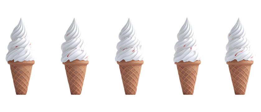 Pack Collection Five White Ice Cream Cones Minimalist Dessert Photography set against transparent background
