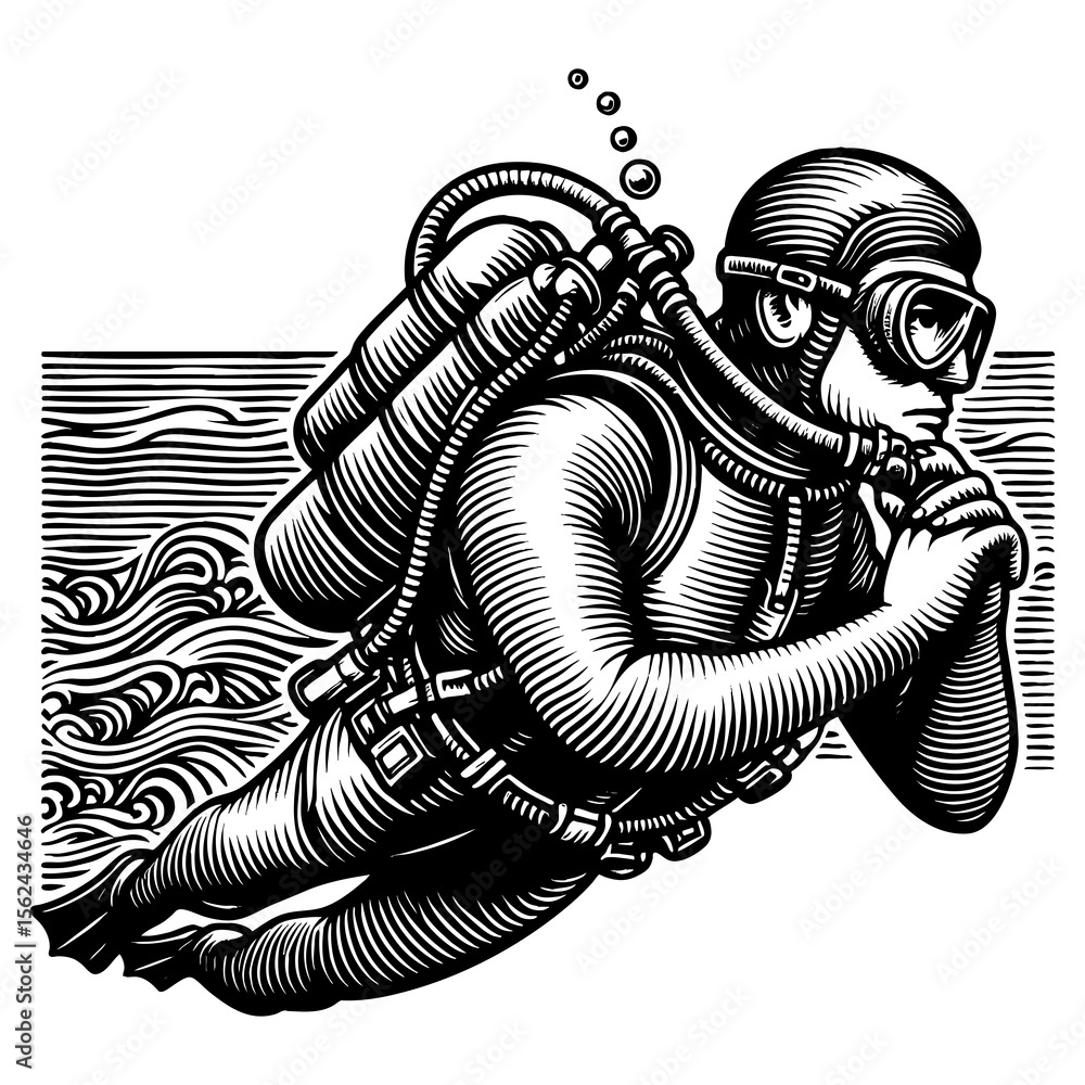 Poster scuba diver exploring underwater sketch engraving generative ai fictional character png illustration