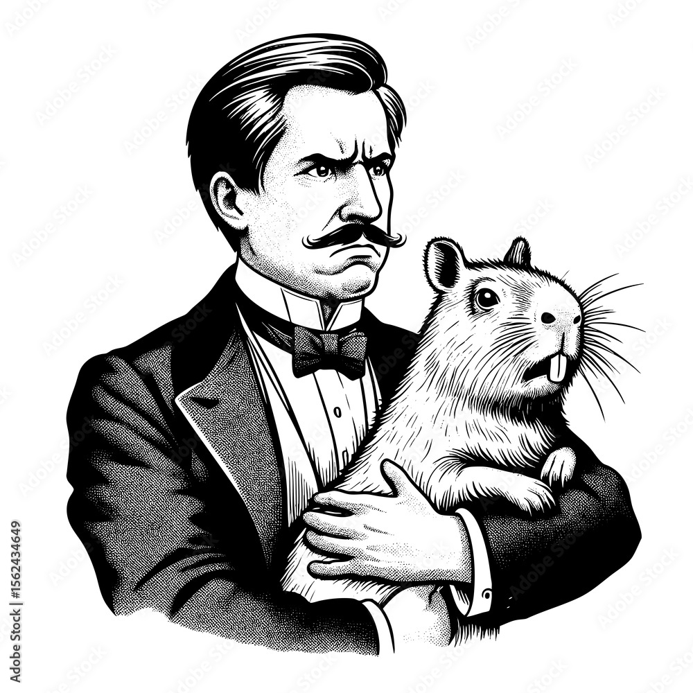 Aufkleber man in a tuxedo holding a calm capybara sketch engraving generative ai fictional character png illus