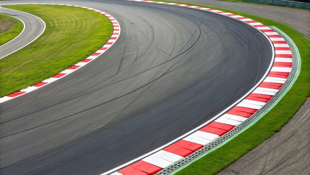 High-angle view of a smooth asphalt race track curve with distinctive red and white kerbs, bordered by lush green grass, perfect for speed and competition themes.


