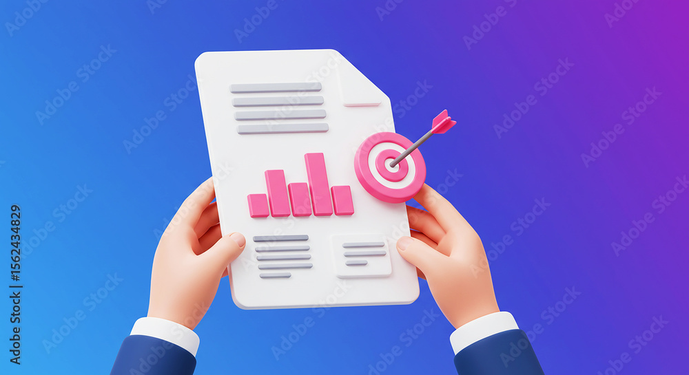 Poster hands holding document with bar graph and target with arrow on blue and purple background art
