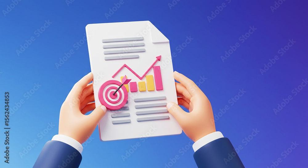Poster hands holding a document with a target and a graph on a blue and purple gradient background