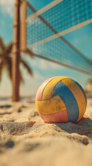 Ultra photorealistic close-up of volleyball on golden beach sand, net and palms in sunny seaside