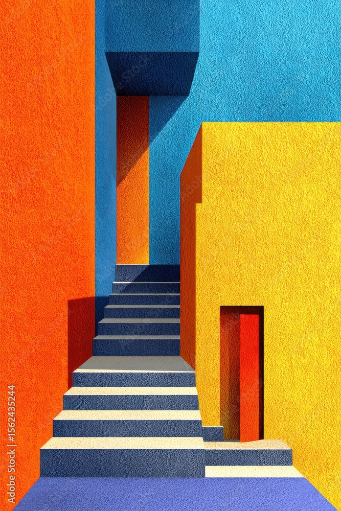 Poster vibrant architectural scene with colorful geometric patterns and textured surfaces