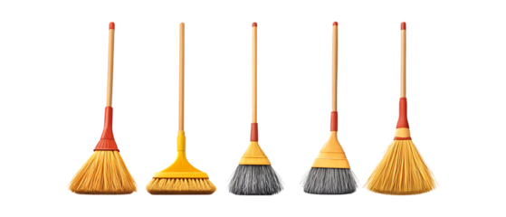 Pack Collection Cleaning Supplies Variety of Mops with Wooden Handles for Efficient Cleaning set against transparent background