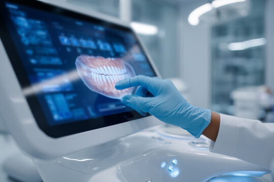 modern dentist scanning teeth with 3D intraoral scanner, futuristic screen interface