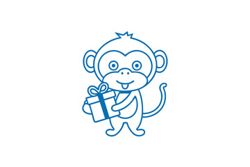 Obraz premium Line drawing shows a joyful monkey carrying a blue gift with a ribbon