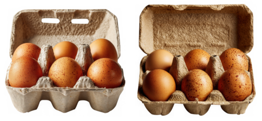 Two open cartons of fresh brown eggs isolated on transparent background
