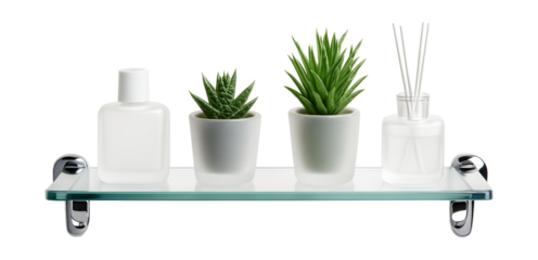 A floating glass shelf with chrome brackets, meant to be mounted above a washing machine for a sophisticated look while holding air fresheners and small plants.